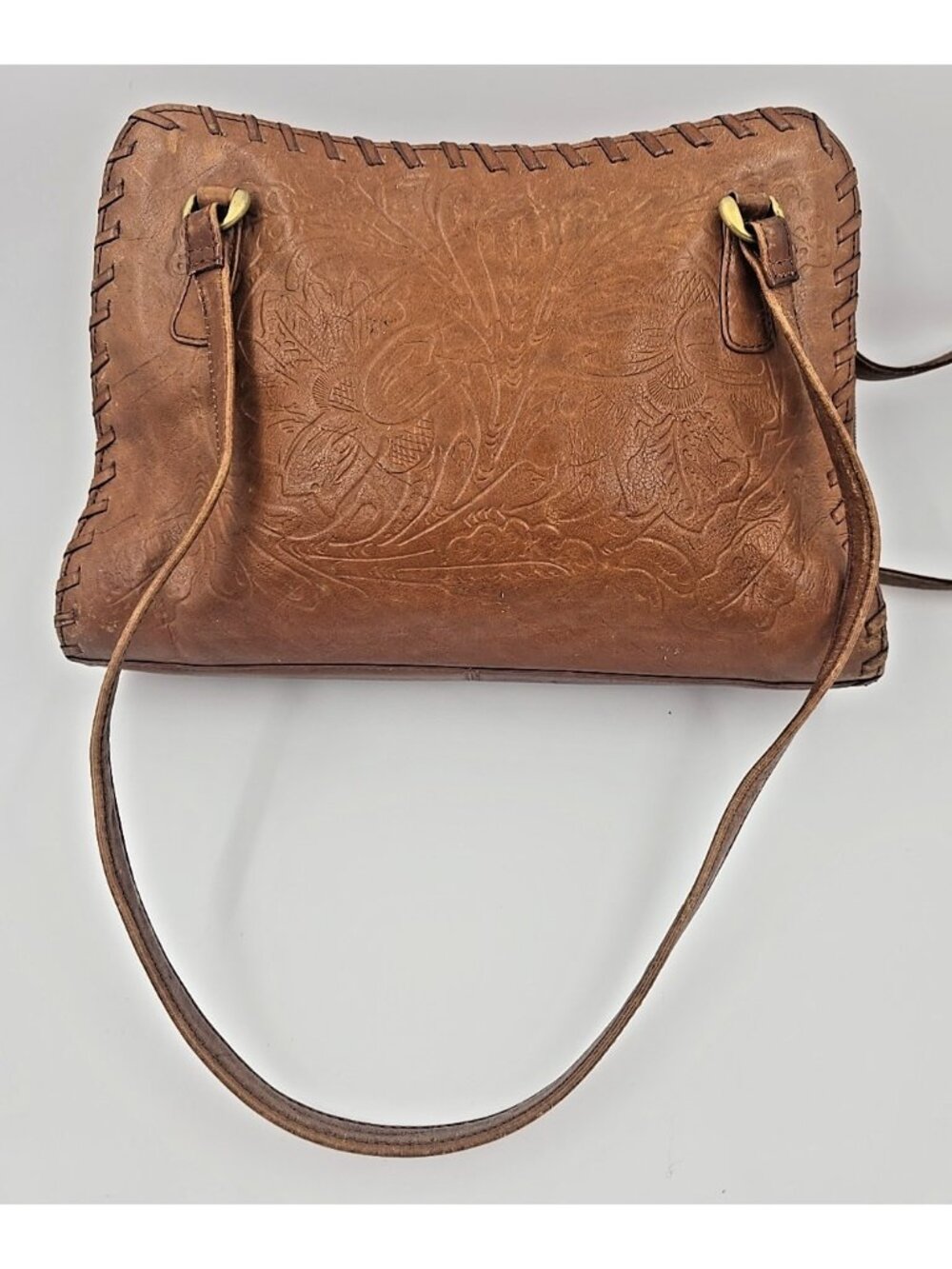 Cafe by Marlo Vtg Tooled Leather Purse Hand Shoulder Bag Double Handle Organizer